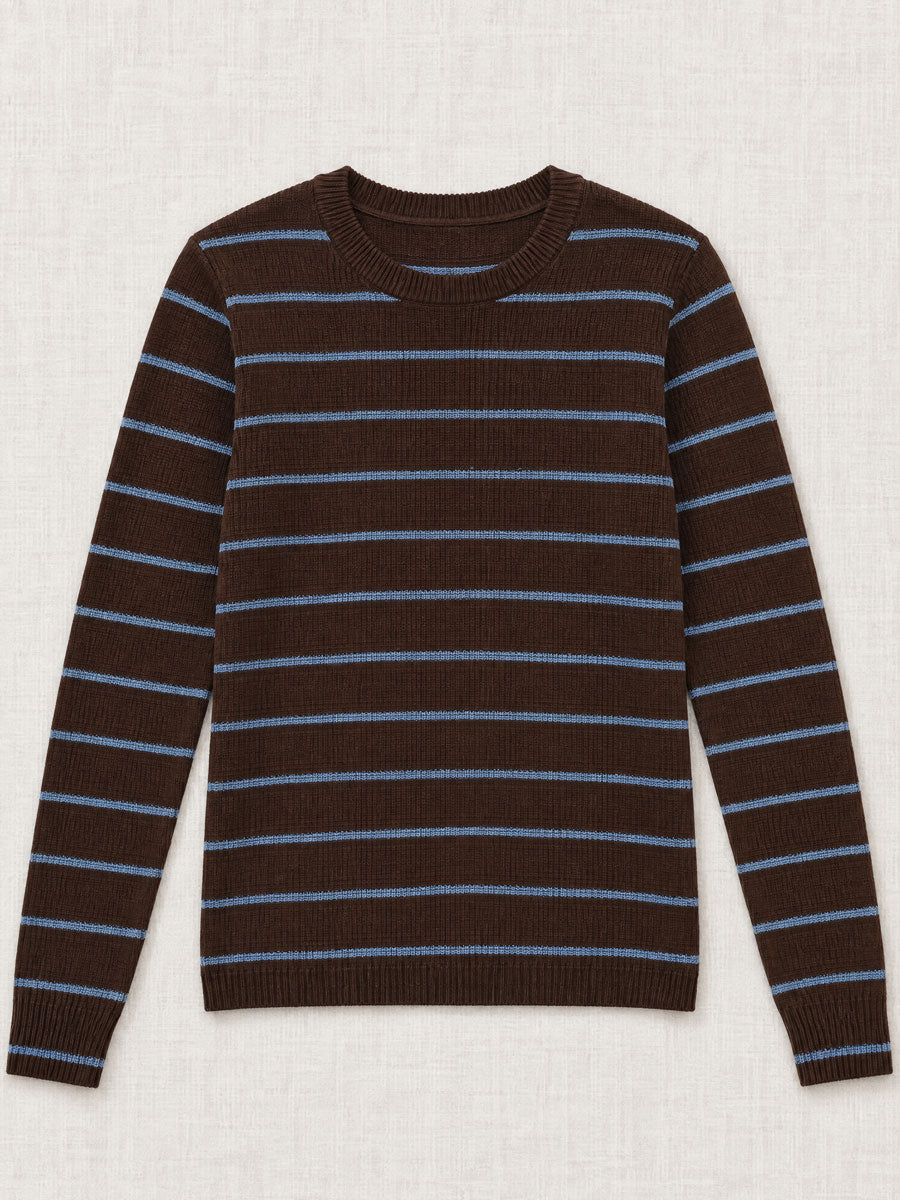 Women's Casual Blue-Brown Striped Wool Blend Crew Neck Sweater And Pants Set  - By Qivii