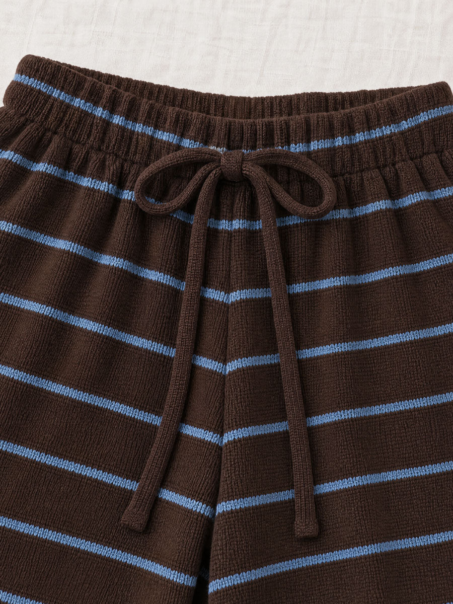 Women's Casual Blue-Brown Striped Wool Blend Crew Neck Sweater And Pants Set  - By Qivii