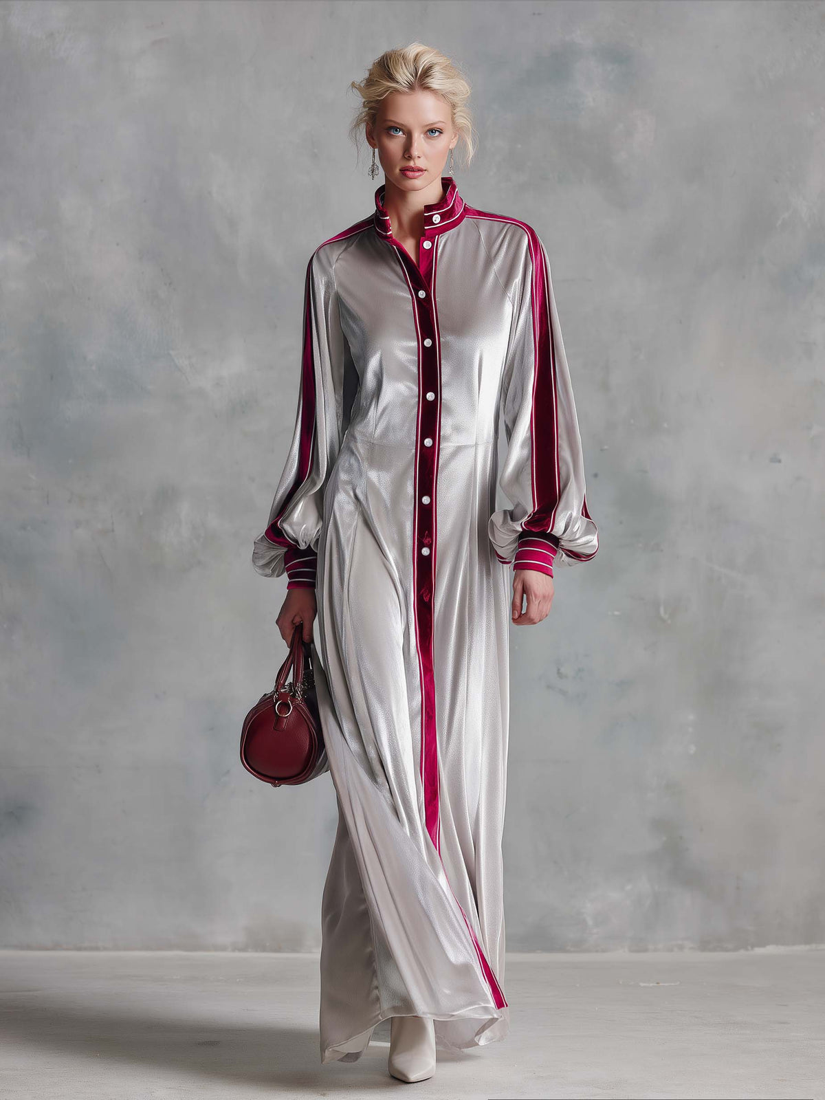Vintage Elegant Silver Velvet Contrast Trim Balloon Sleeve Button-Down Maxi Shirt Dress  - By Qivii