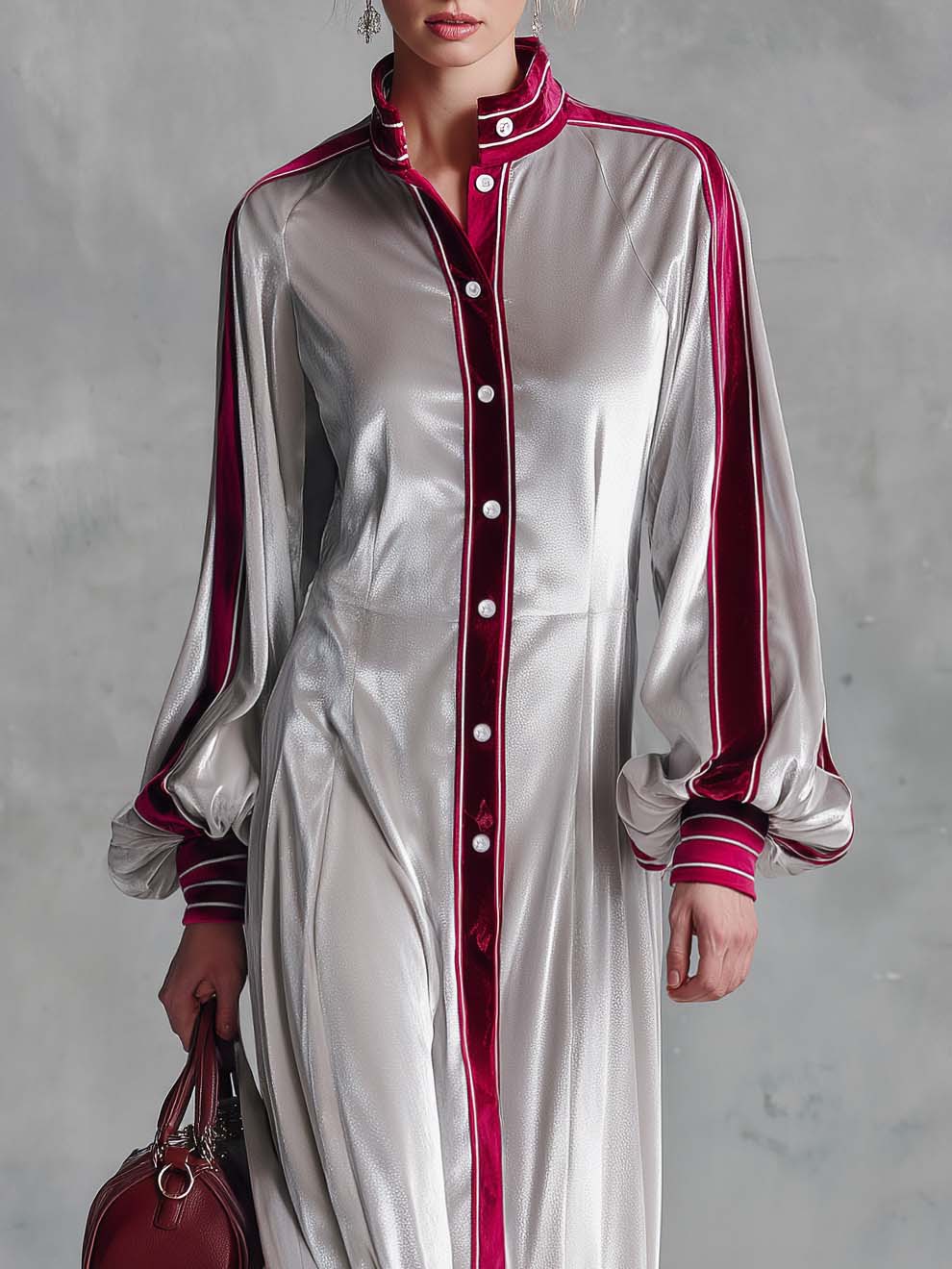 Vintage Elegant Silver Velvet Contrast Trim Balloon Sleeve Button-Down Maxi Shirt Dress  - By Qivii
