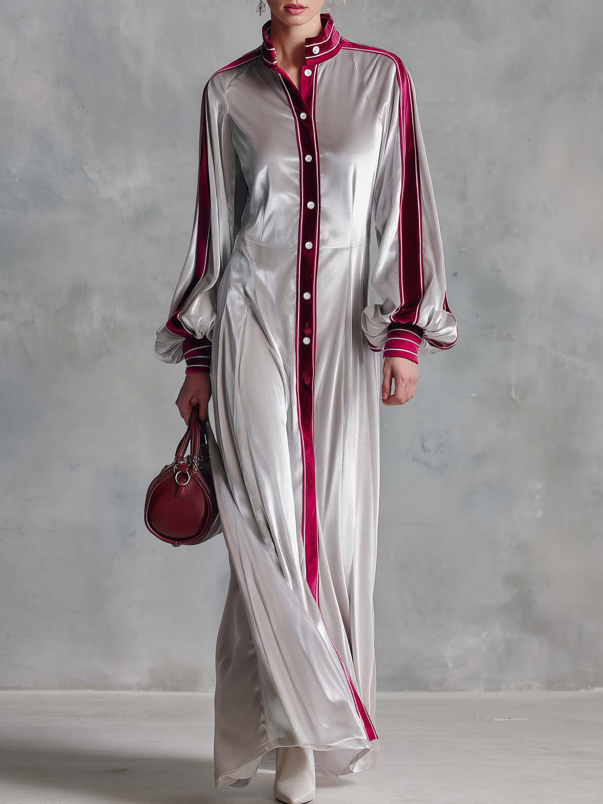 Vintage Elegant Silver Velvet Contrast Trim Balloon Sleeve Button-Down Maxi Shirt Dress  - By Qivii