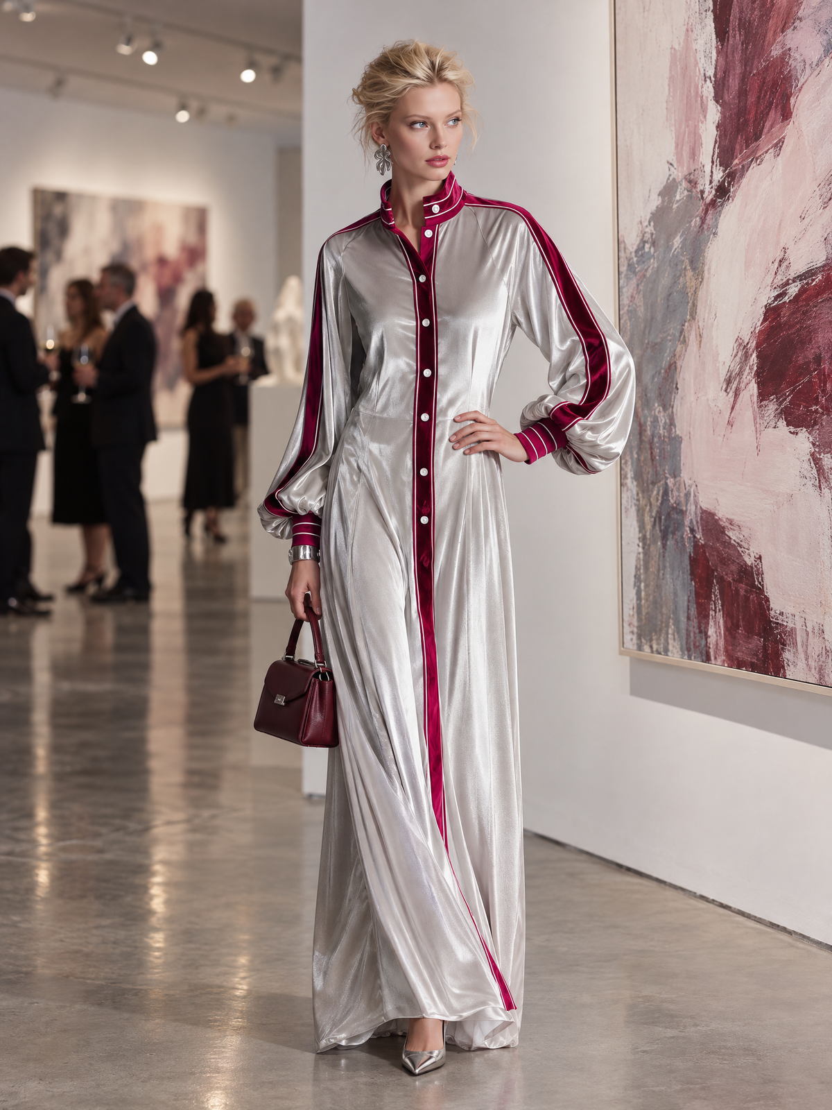 Vintage Elegant Silver Velvet Contrast Trim Balloon Sleeve Button-Down Maxi Shirt Dress  - By Qivii