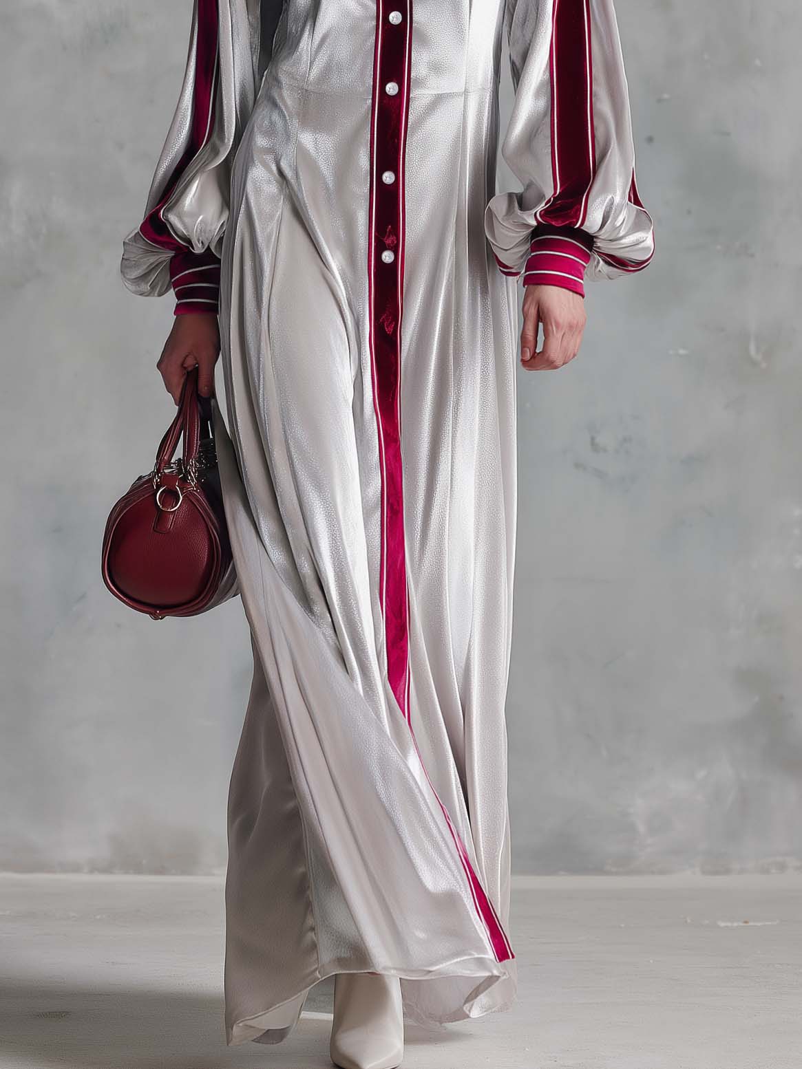 Vintage Elegant Silver Velvet Contrast Trim Balloon Sleeve Button-Down Maxi Shirt Dress  - By Qivii