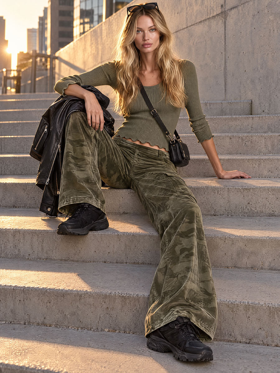 Women's Retro Military Green Wool Blend Sweater Camouflage Velvet Cargo Pants Set  - By Qivii