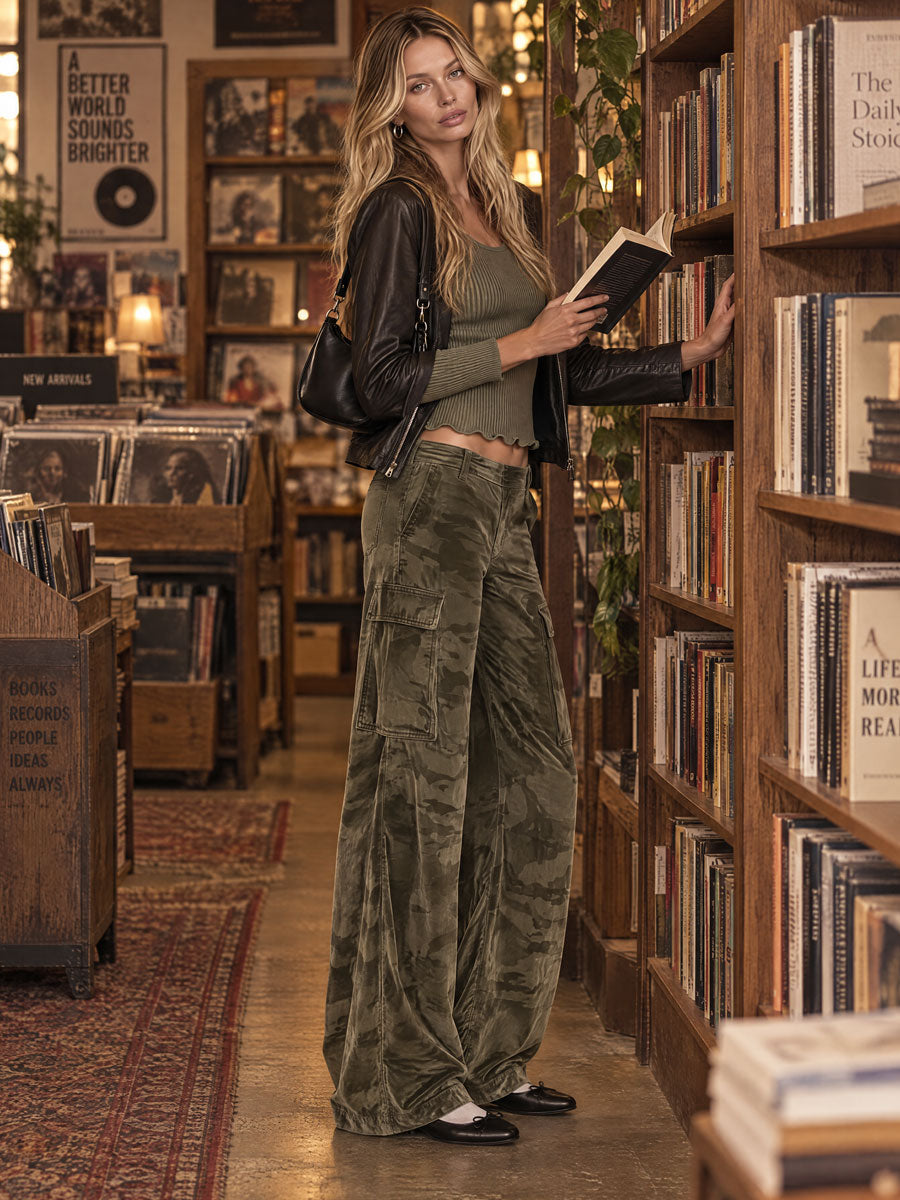 Women's Retro Military Green Wool Blend Sweater Camouflage Velvet Cargo Pants Set  - By Qivii