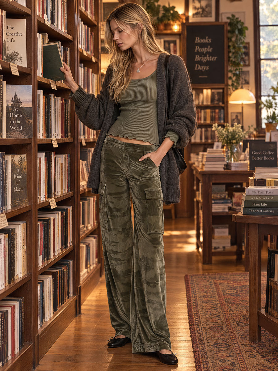 Women's Retro Military Green Wool Blend Sweater Camouflage Velvet Cargo Pants Set  - By Qivii