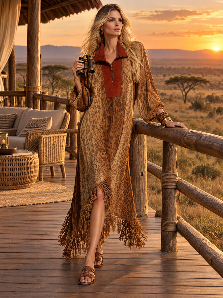 Women's Western-style Loose-fitting Color-blocked Faux Suede Leopard Print Tassel Midi Dress  - By Qivii