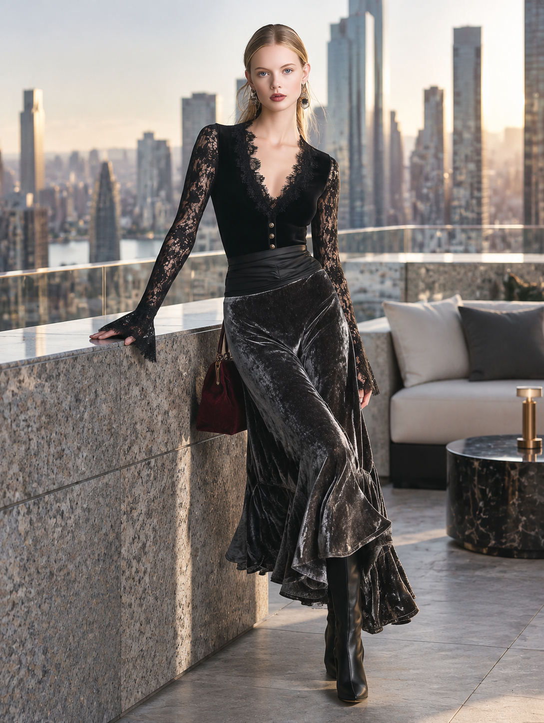 Elegant Party Black Lace And Grey Velvet Patchwork Maxi Dress  - By Qivii