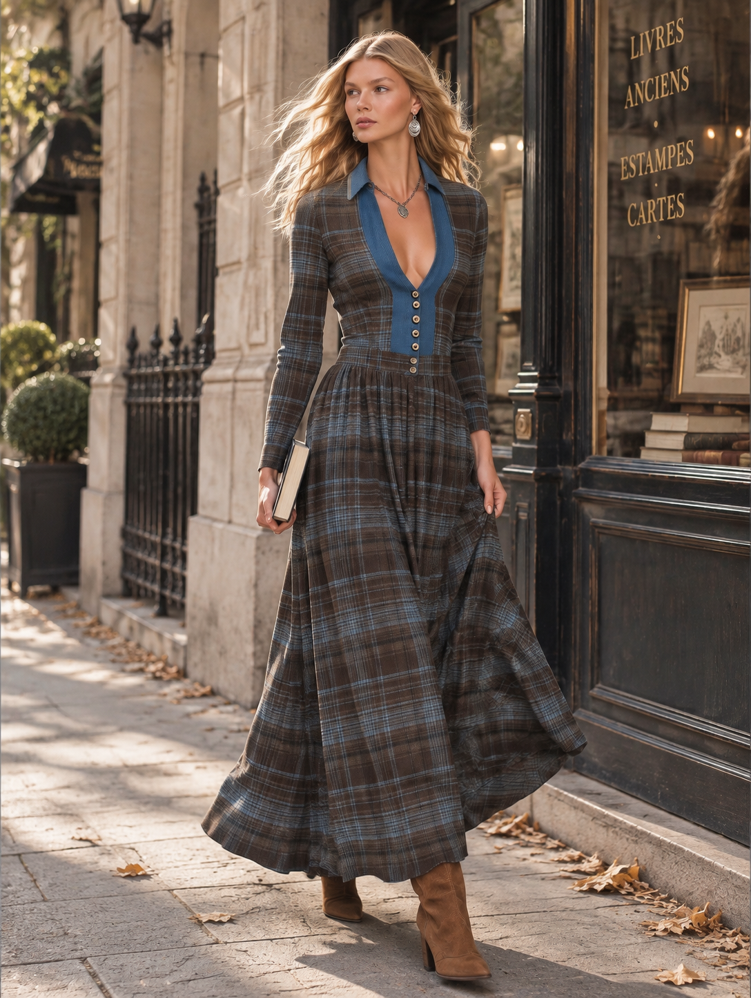 Vintage-Style Denim-Trimmed Brown and Blue Plaid Maxi Dress  - By Qivii