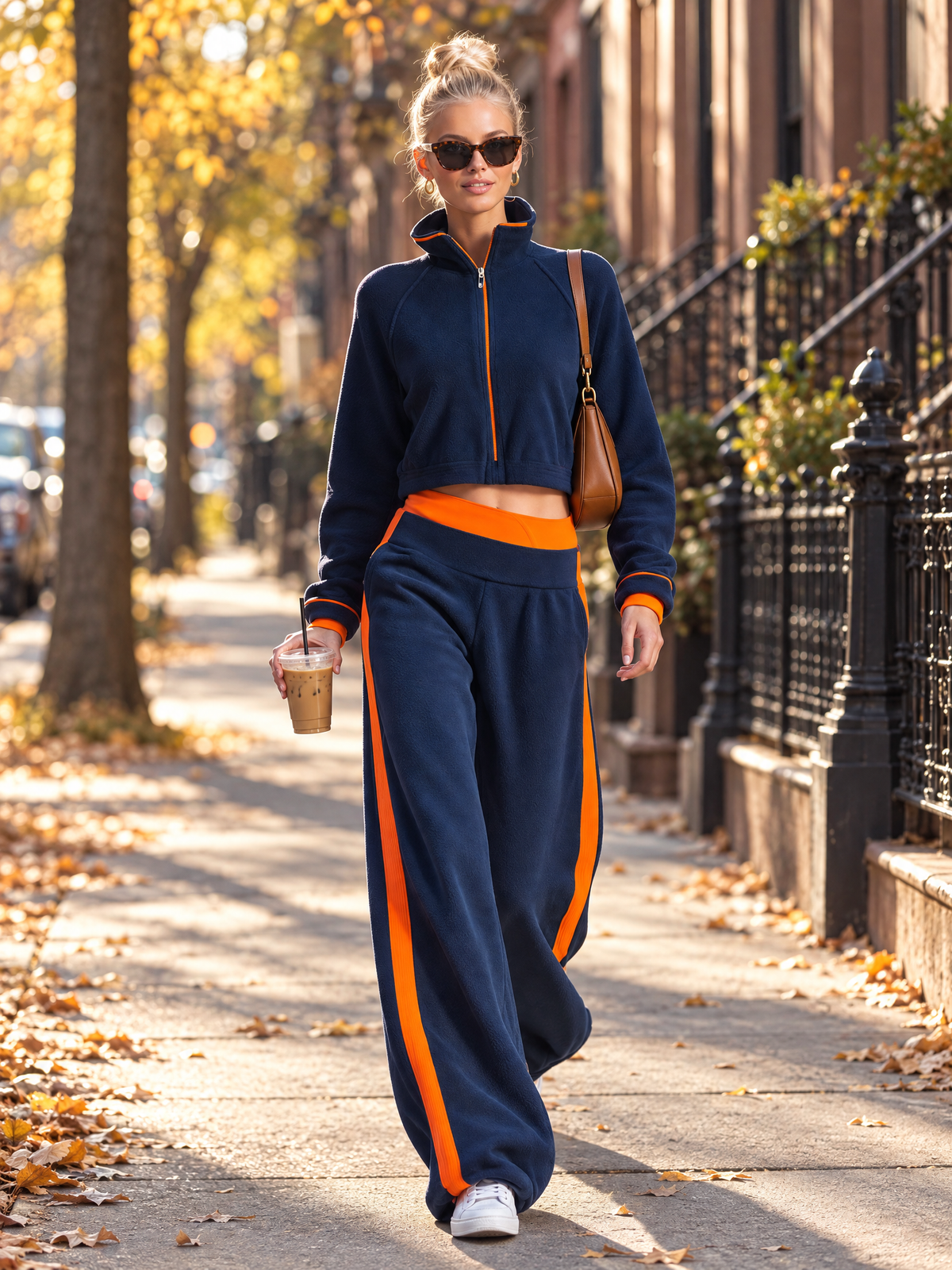 Retro Sporty Navy Color-block Polar Fleece Cropped Zip-up Jacket And Wide-leg Pants Set  - By Qivii