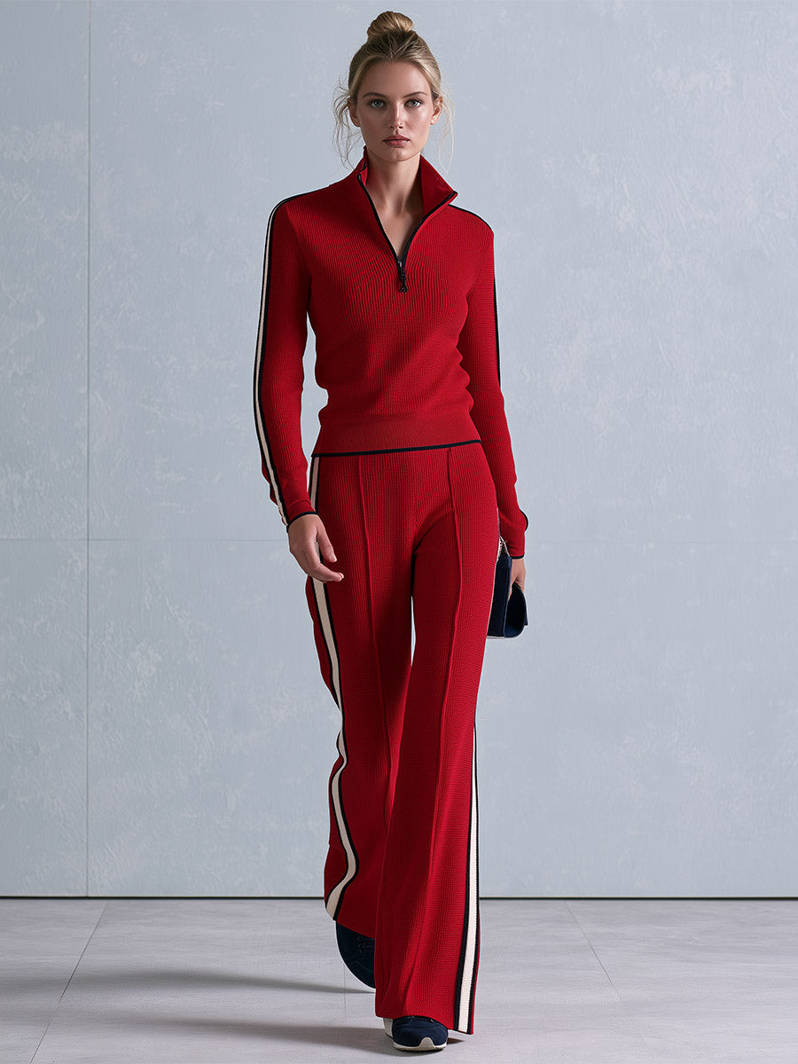 Casual Retro Striped-Trim Red Knitted Half-Zip Top and Wide-Leg Pants Set  - By Qivii
