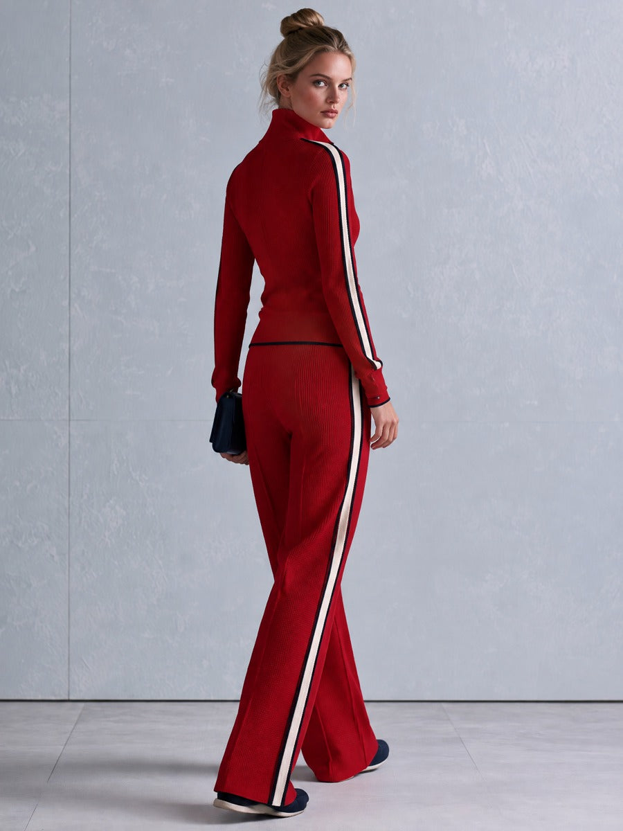 Casual Retro Striped-Trim Red Knitted Half-Zip Top and Wide-Leg Pants Set  - By Qivii