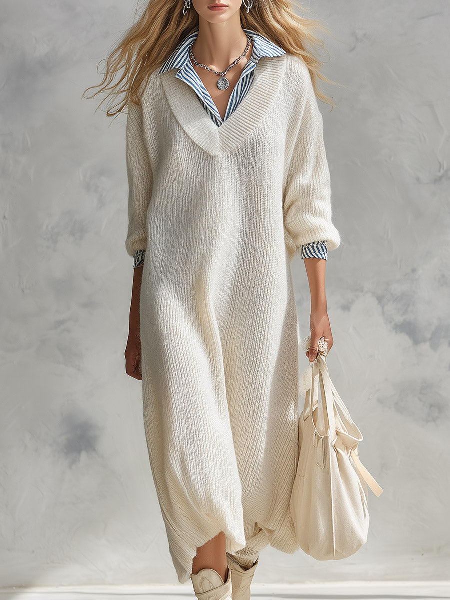 Stylish Striped Trim Cream-White Knitted Faux-Layered Midi Dress  - By Qivii