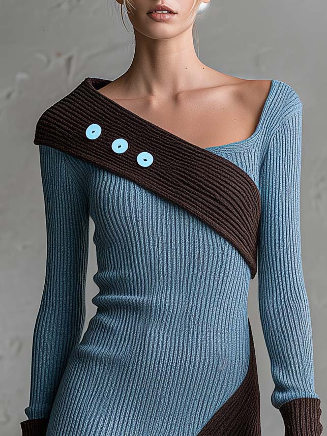 Retro Chic Blue Color-Block Asymmetric Ribbed Knit Long-Sleeve Bodycon Mini Sweater Dress  - By Qivii
