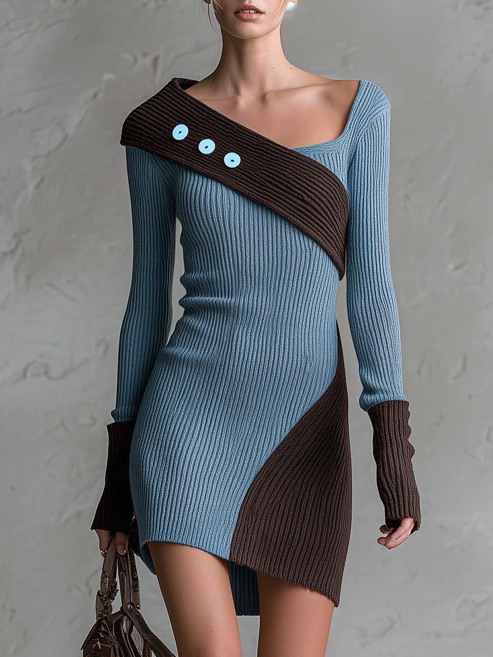 Retro Chic Blue Color-Block Asymmetric Ribbed Knit Long-Sleeve Bodycon Mini Sweater Dress  - By Qivii