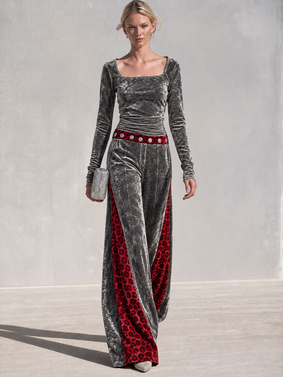 Retro-chic Color-blocked Leopard Print Trim Grey Velvet Top And Pants Set  - By Qivii