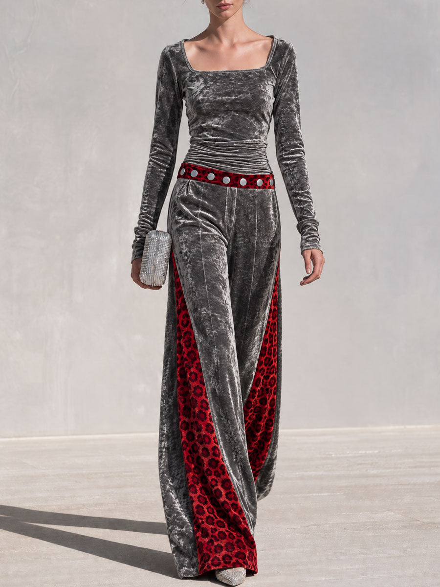 Retro-chic Color-blocked Leopard Print Trim Grey Velvet Top And Pants Set  - By Qivii