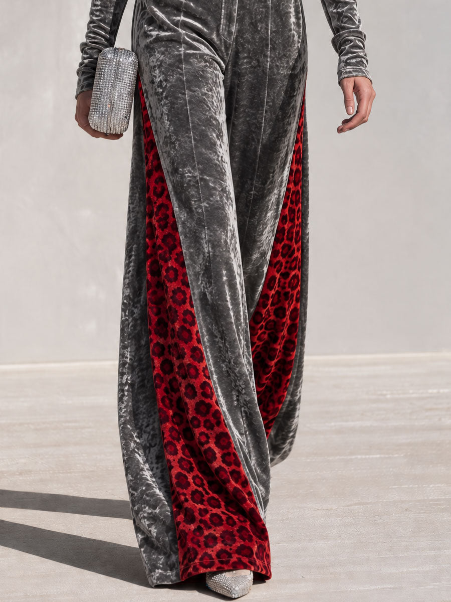 Retro-chic Color-blocked Leopard Print Trim Grey Velvet Top And Pants Set  - By Qivii