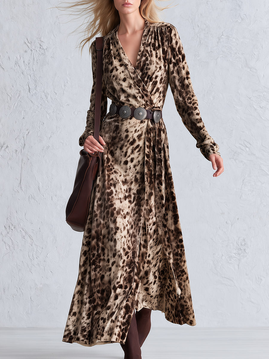 Vintage-Inspired Bohemian Leopard-Print Faux Suede V-Neck Wrap Maxi Dress  - By Qivii