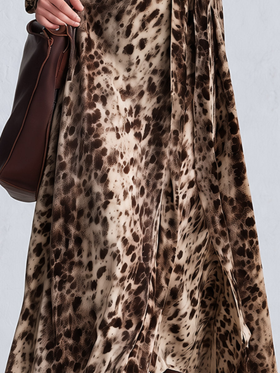 Vintage-Inspired Bohemian Leopard-Print Faux Suede V-Neck Wrap Maxi Dress  - By Qivii