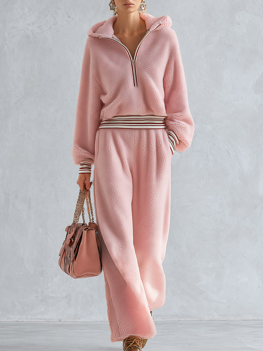 Pink Teddy Fleece Hooded Half-Zip Pullover and Wide-Leg Pants Set  - By Qivii
