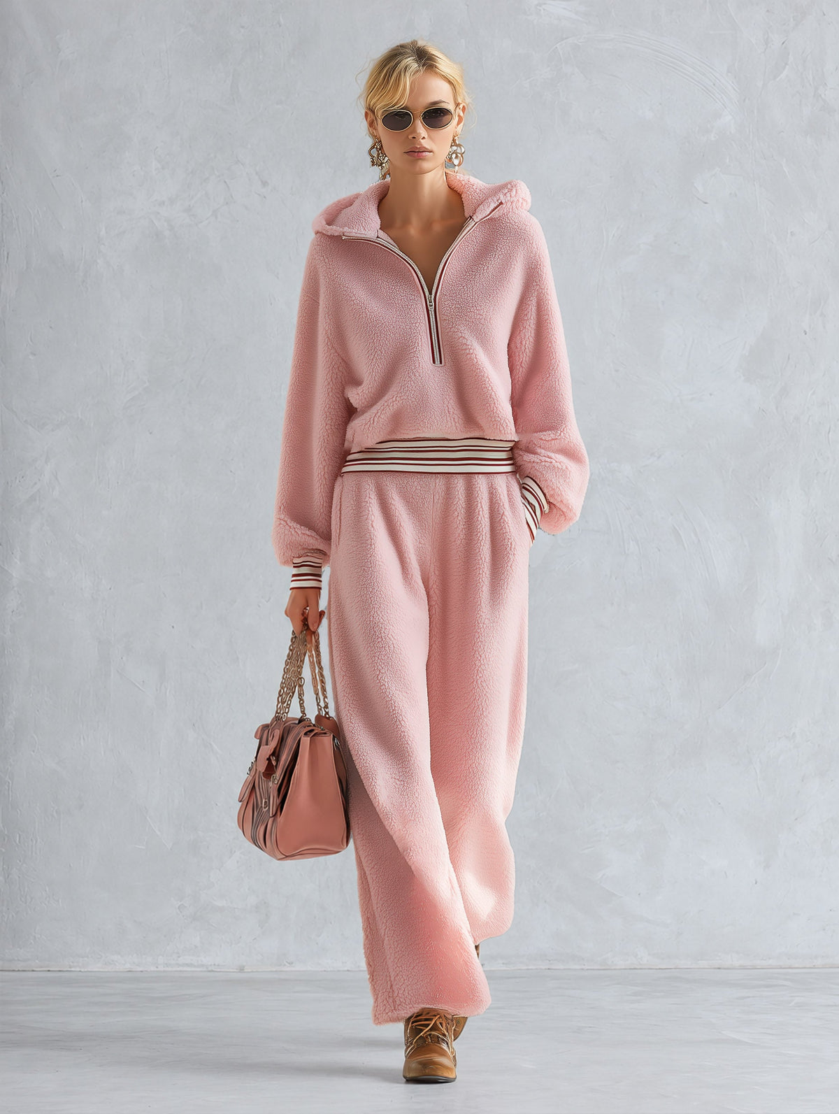 Pink Teddy Fleece Hooded Half-Zip Pullover and Wide-Leg Pants Set  - By Qivii
