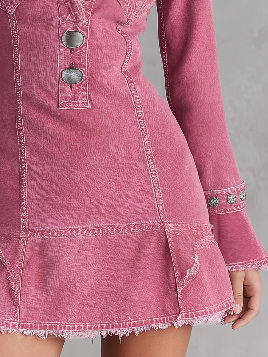 Western Glam Pink Frayed Trim Plunge Neck Bell Sleeve Denim Mini Dress  - By Qivii