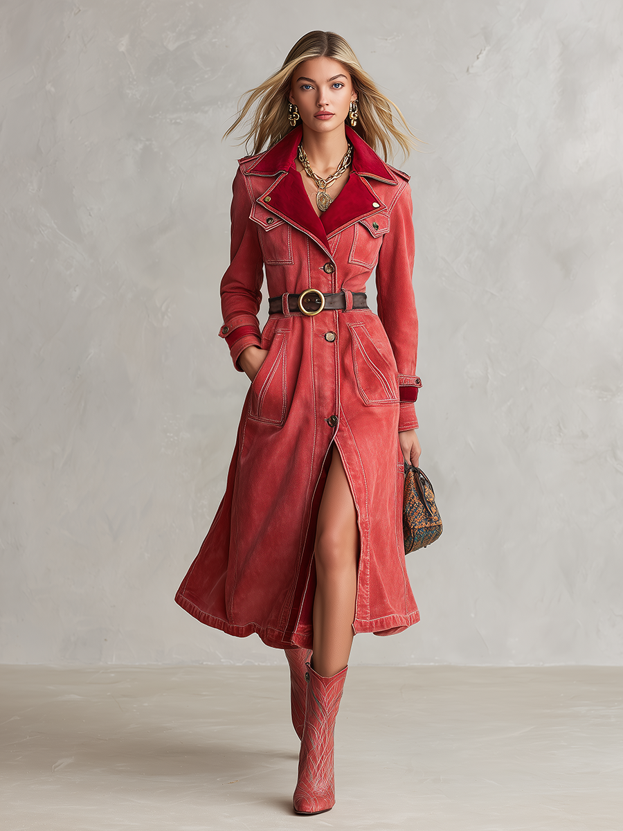 Vintage Western red velvet collar belted denim trench coat for women by Oyrosy Clothing, button front and stylish design.