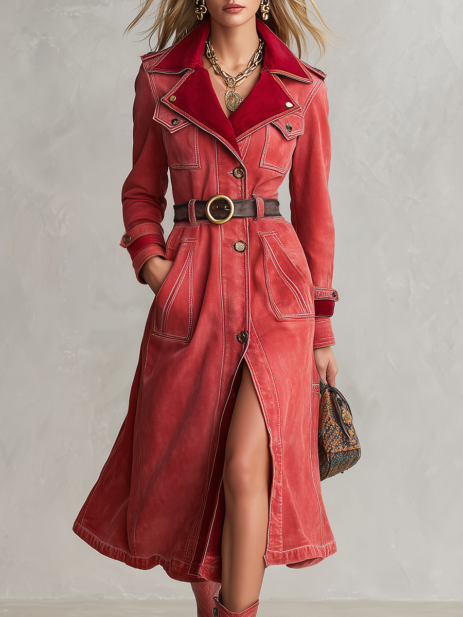 Vintage Western red velvet collar denim trench coat for women with belted waist and button front by Oyrosy Clothing.