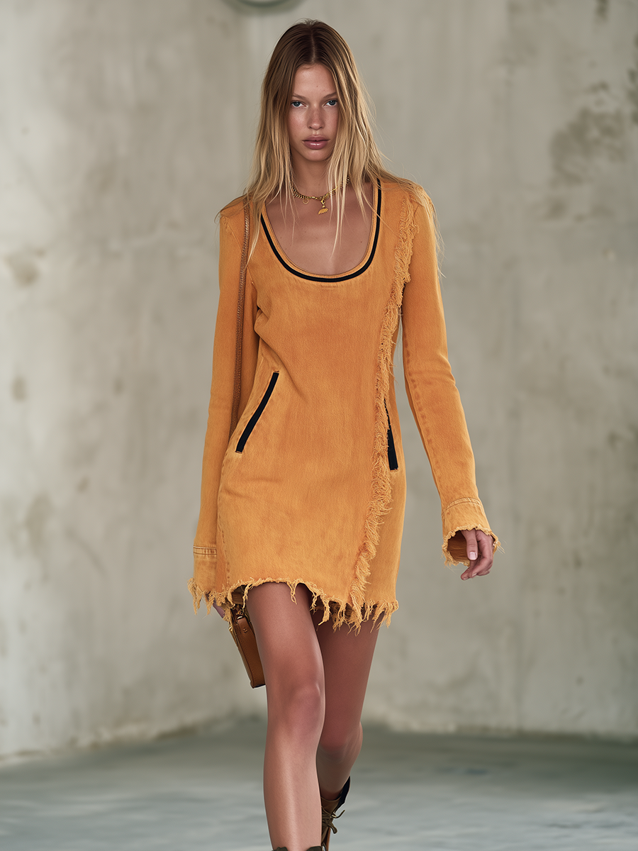 Boho Chic Mustard Frayed Fringe Scoop Neck Long Sleeve Denim Mini Dress  - By Qivii