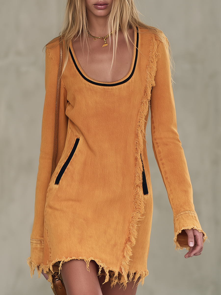 Boho Chic Mustard Frayed Fringe Scoop Neck Long Sleeve Denim Mini Dress  - By Qivii