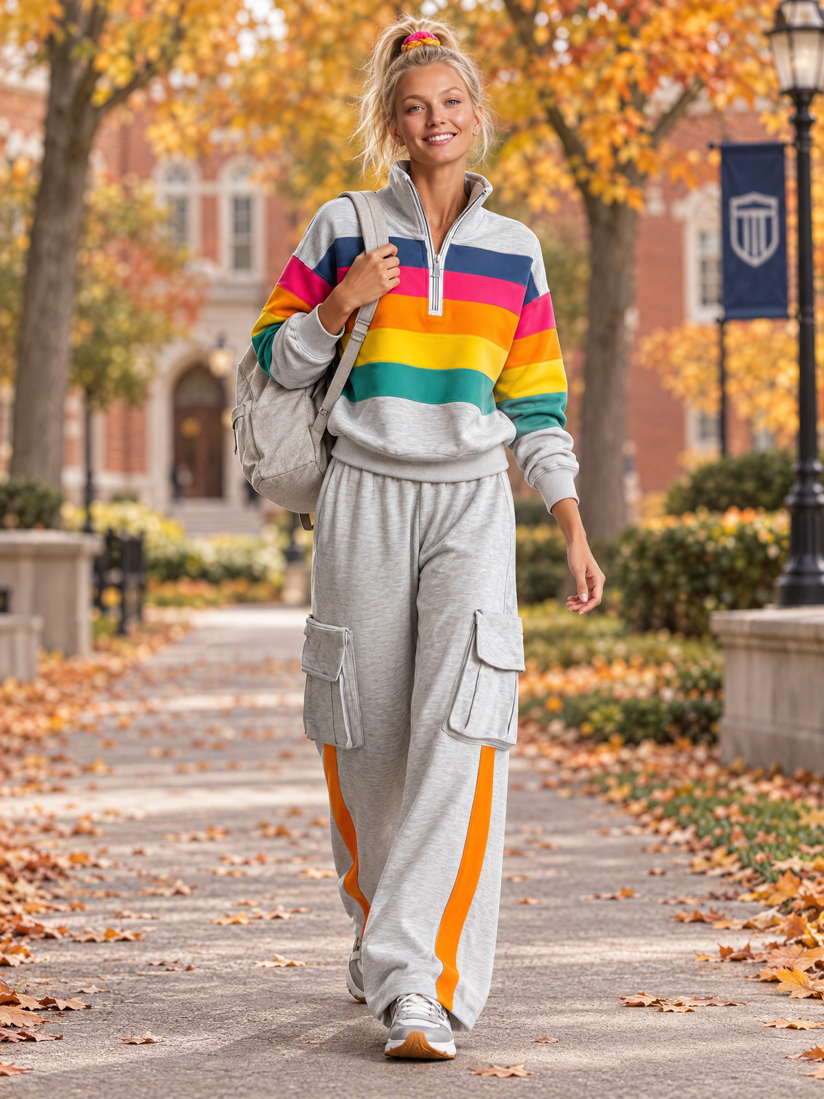 Retro Rainbow Striped Quarter Zip Sweatshirt Cargo Wide Leg Sweatpants Two Piece Set  - By Qivii