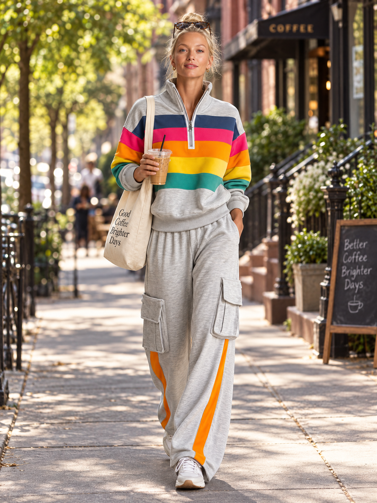 Retro Rainbow Striped Quarter Zip Sweatshirt Cargo Wide Leg Sweatpants Two Piece Set  - By Qivii