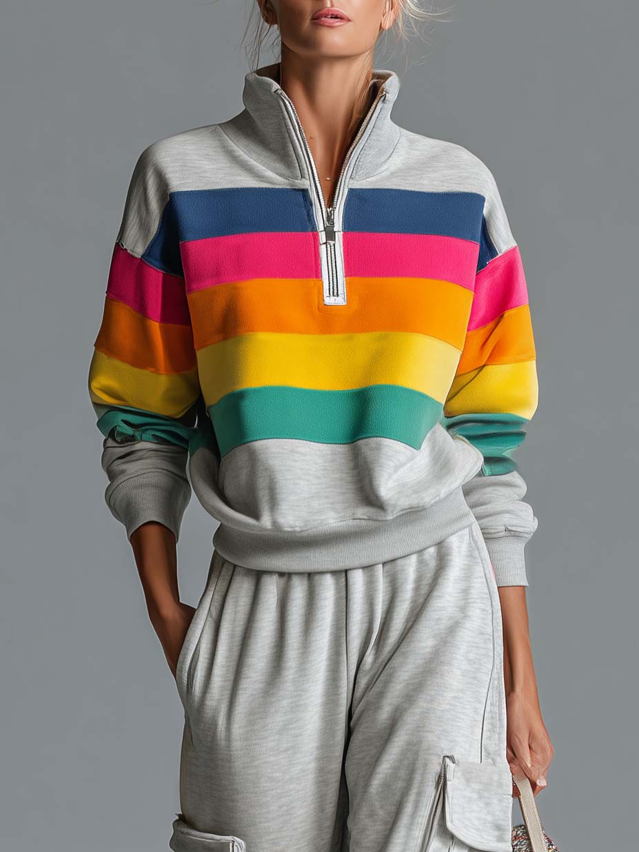 Retro Rainbow Striped Quarter Zip Sweatshirt Cargo Wide Leg Sweatpants Two Piece Set  - By Qivii