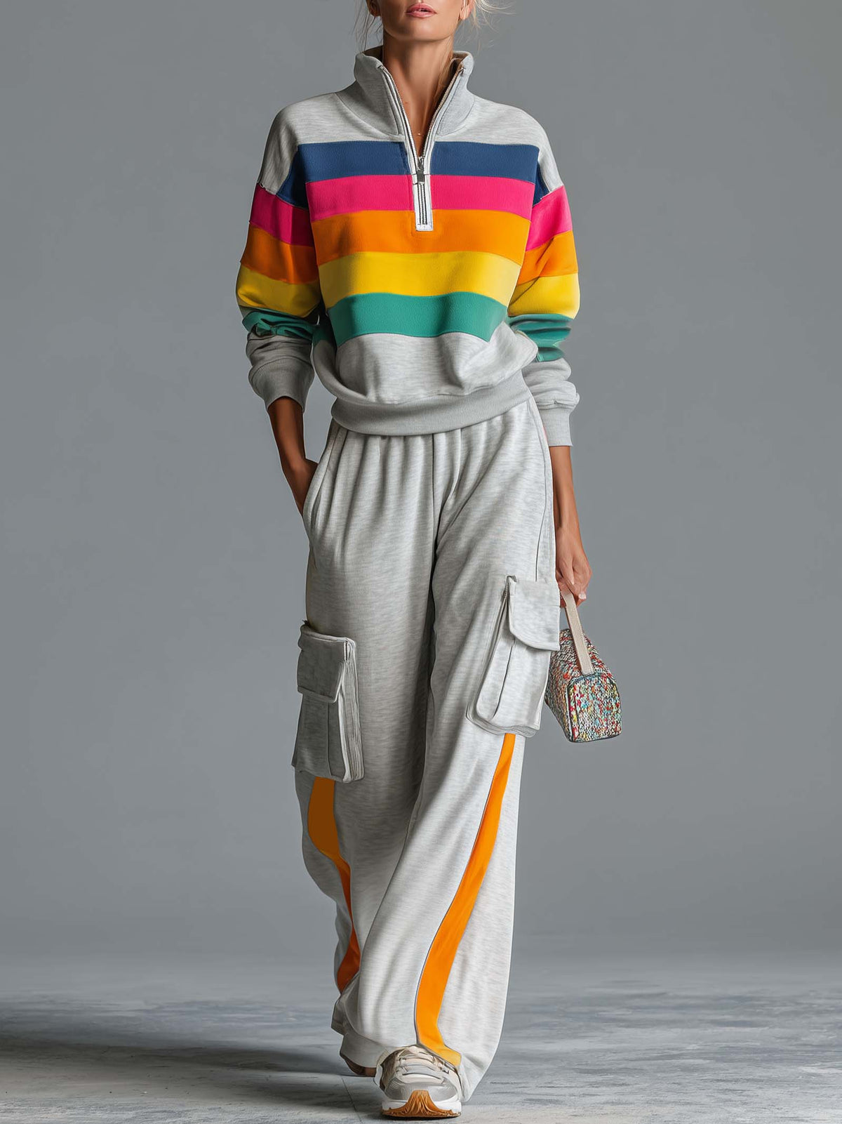 Retro Rainbow Striped Quarter Zip Sweatshirt Cargo Wide Leg Sweatpants Two Piece Set  - By Qivii