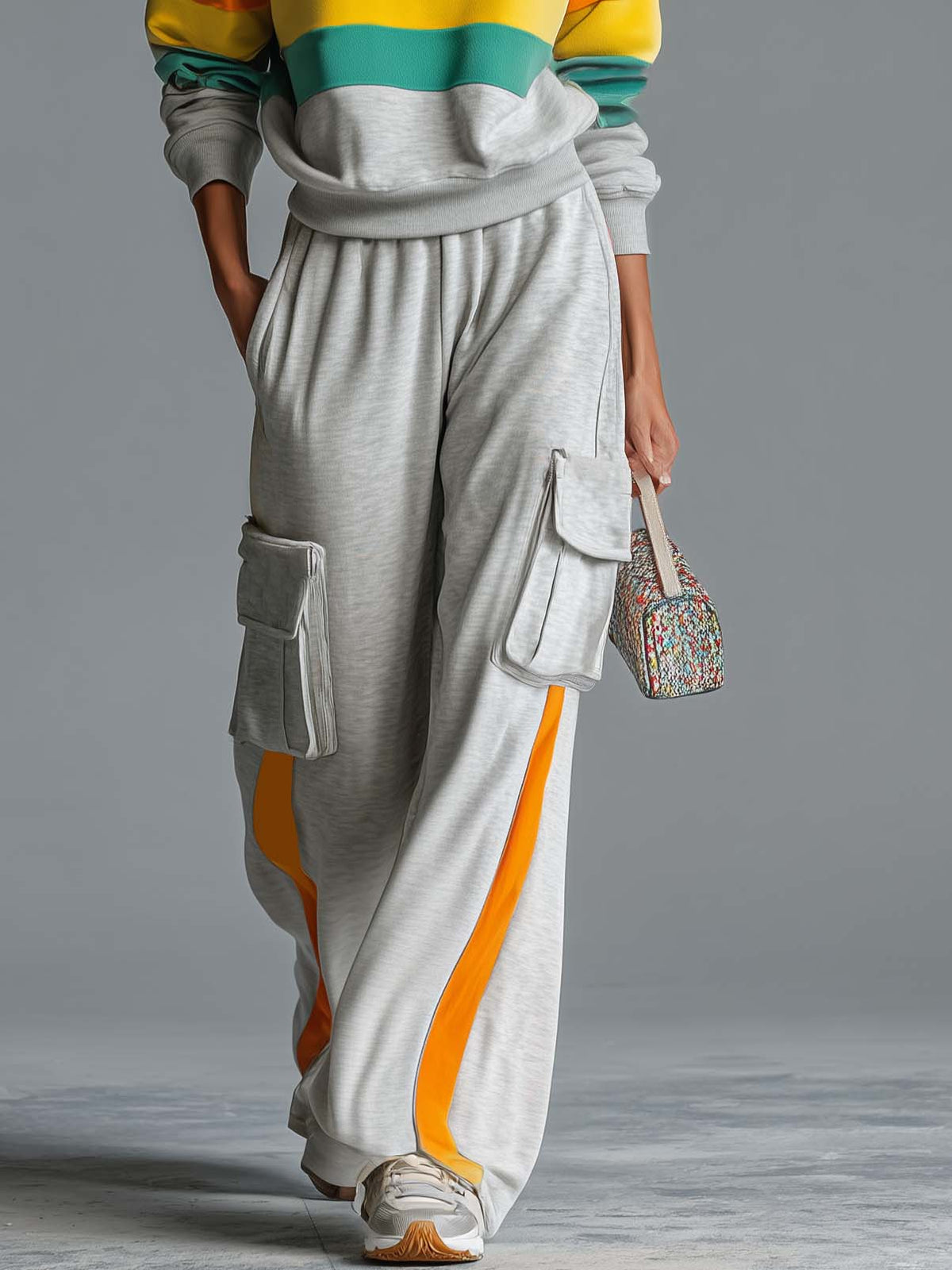 Retro Rainbow Striped Quarter Zip Sweatshirt Cargo Wide Leg Sweatpants Two Piece Set  - By Qivii