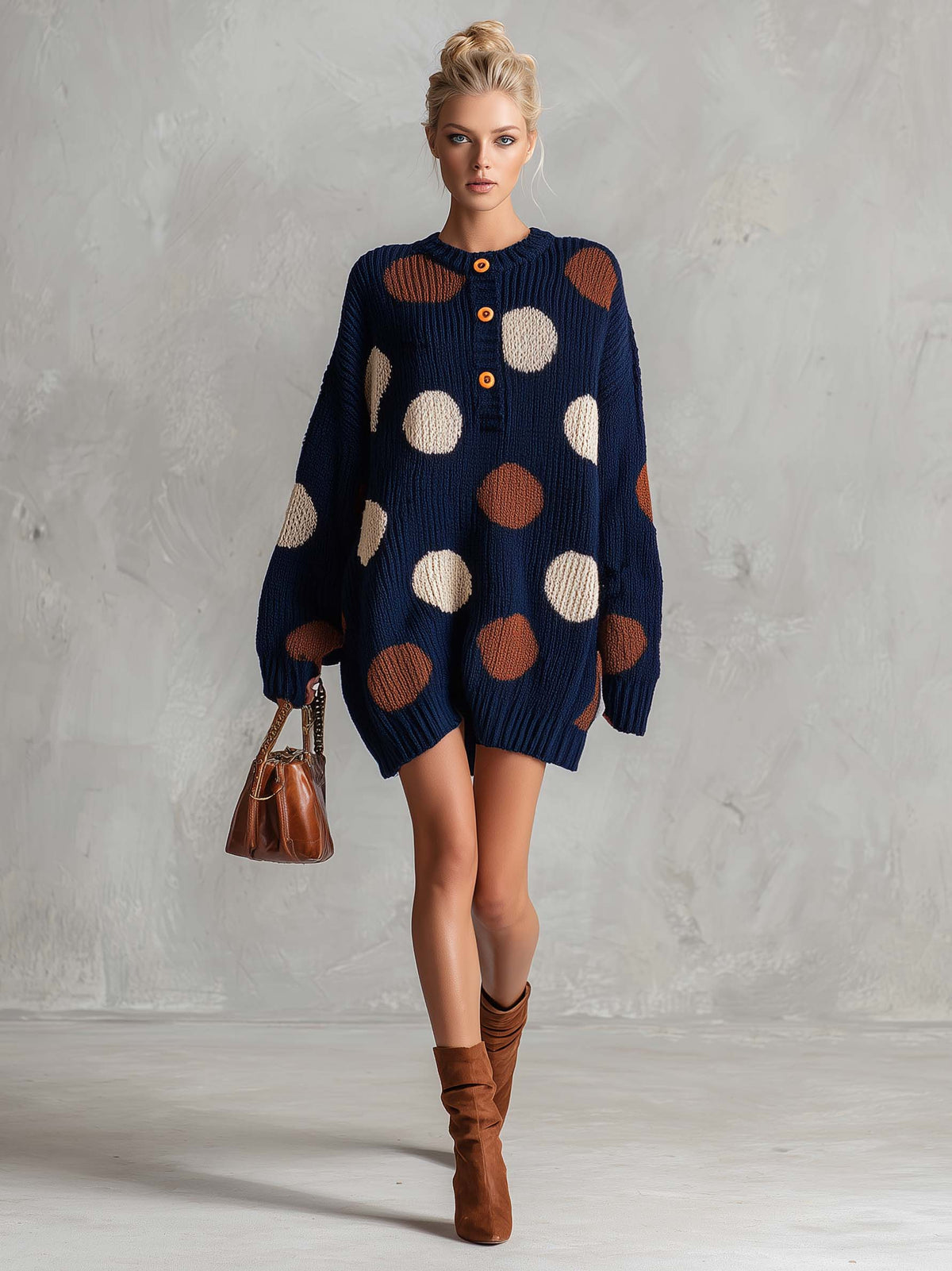 Retro Chic Navy Polka Dot Henley Oversized Chunky Knit Mini Sweater Dress  - By Qivii