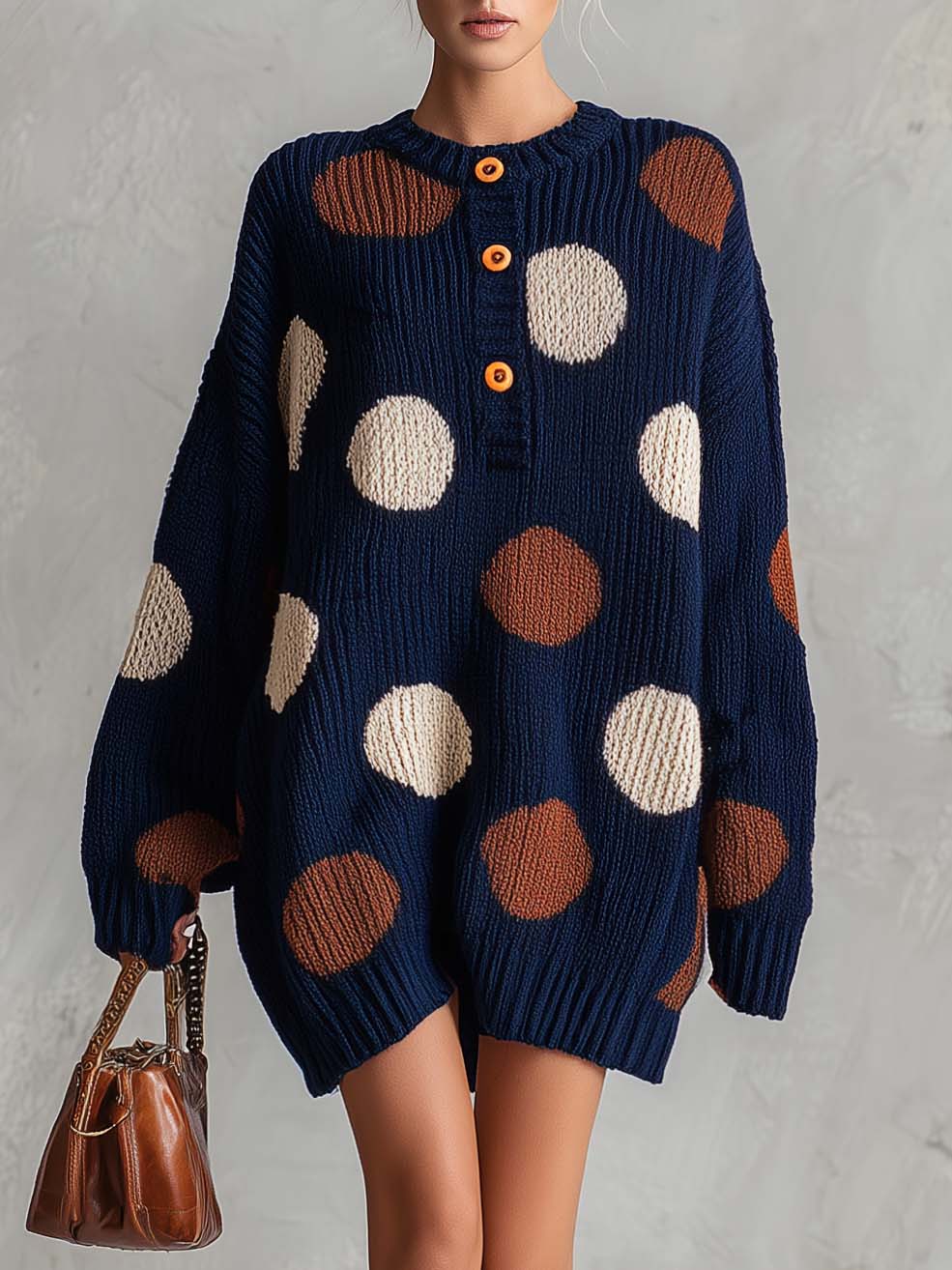 Retro Chic Navy Polka Dot Henley Oversized Chunky Knit Mini Sweater Dress  - By Qivii