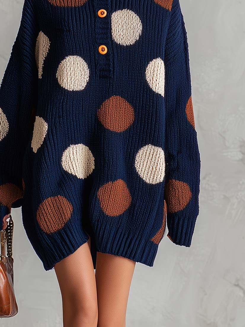 Retro Chic Navy Polka Dot Henley Oversized Chunky Knit Mini Sweater Dress  - By Qivii