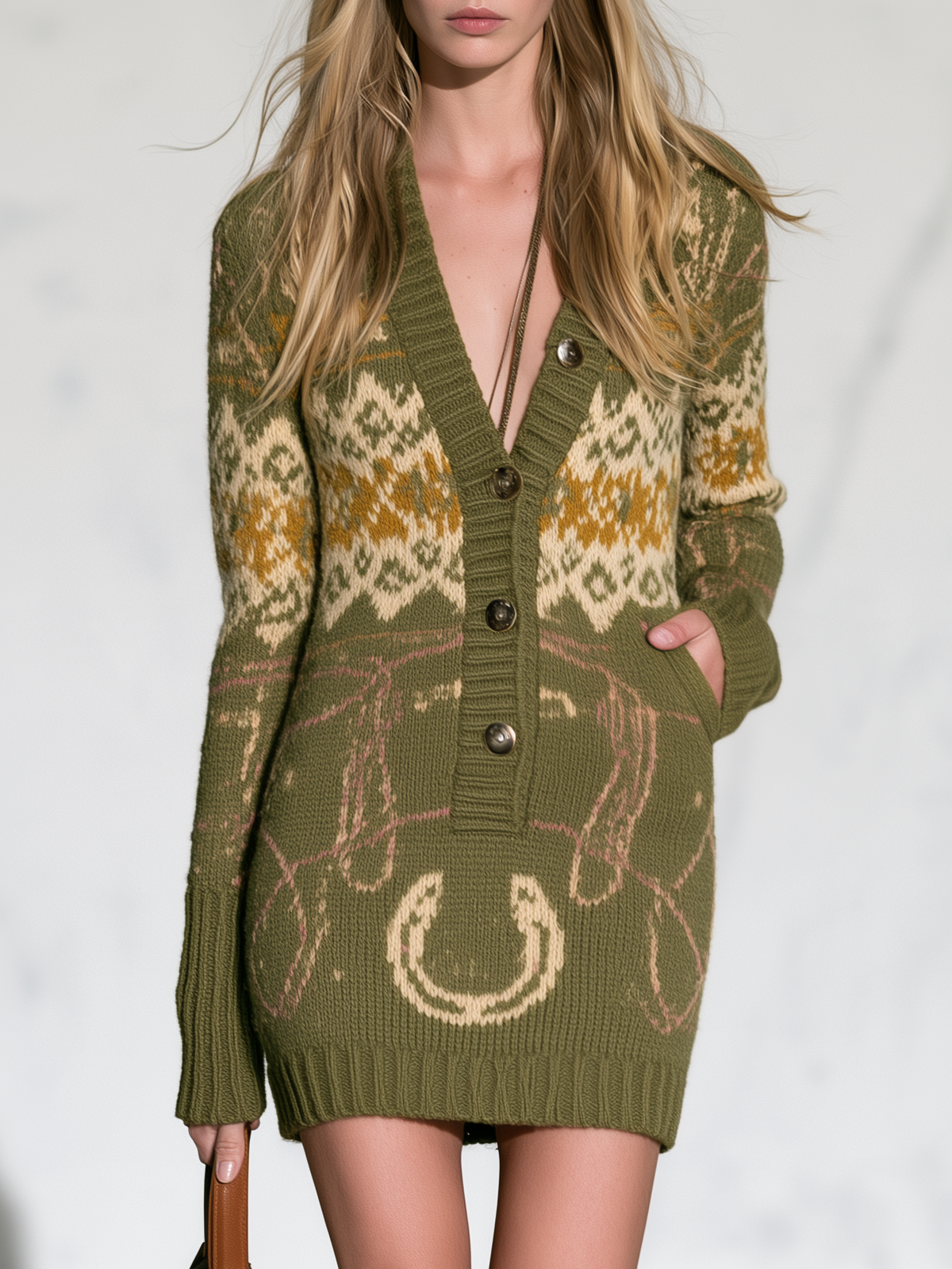 Retro Western Olive Fair Isle Mini Sweater Dress With Horseshoe Motif  - By Qivii