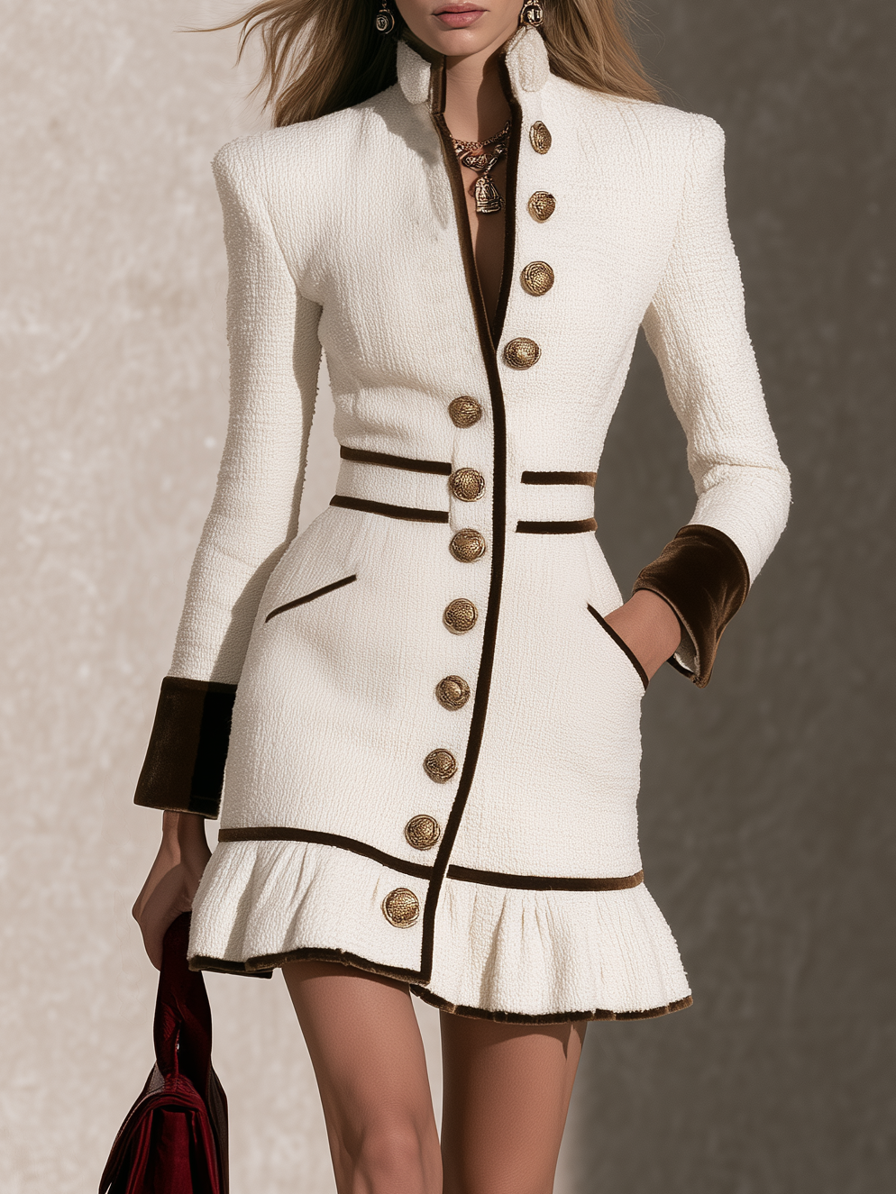 Retro Ivory Tweed Mini Dress With Velvet Trim, Gold Buttons And Ruffle Hem  - By Qivii