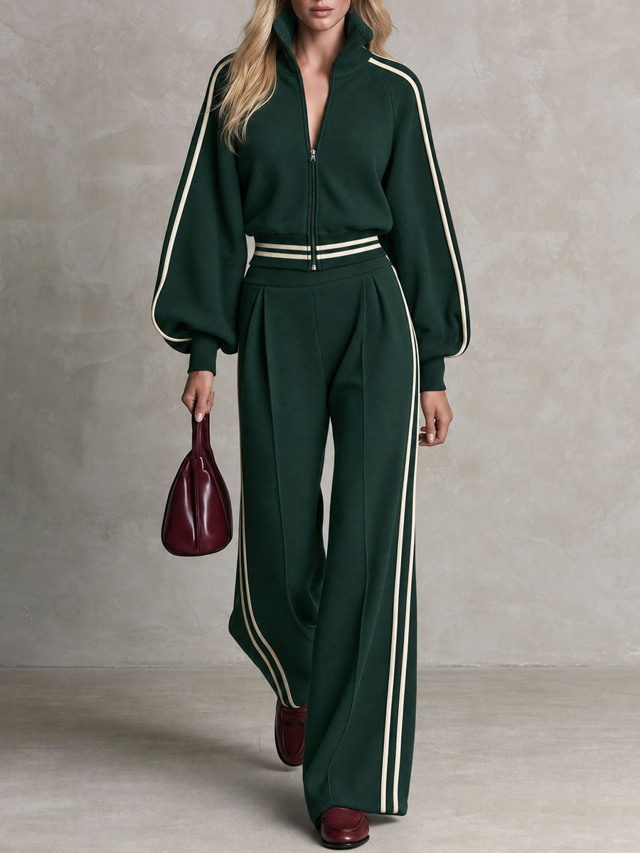 Sporty Retro Casual Color-blocked Striped Green Zip-up Sweatshirt And Pants Set  - By Qivii