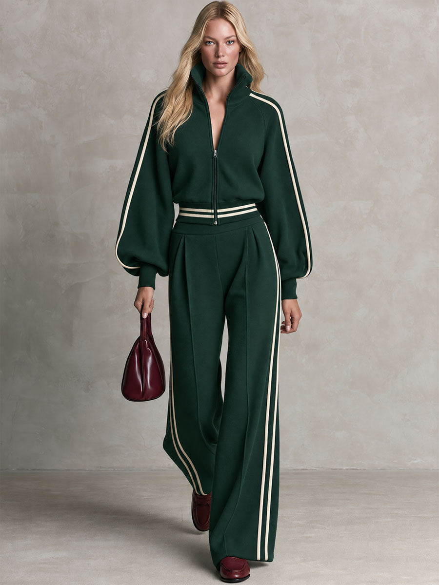 Sporty Retro Casual Color-blocked Striped Green Zip-up Sweatshirt And Pants Set  - By Qivii