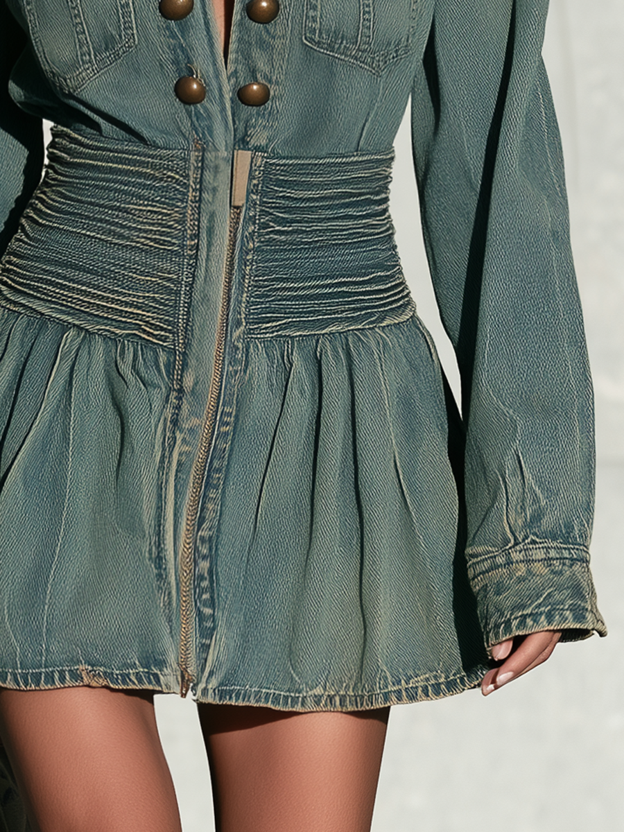 Vintage Military Teal Wash Smocked Waist Bronze Button Long Sleeve Denim Mini Dress  - By Qivii