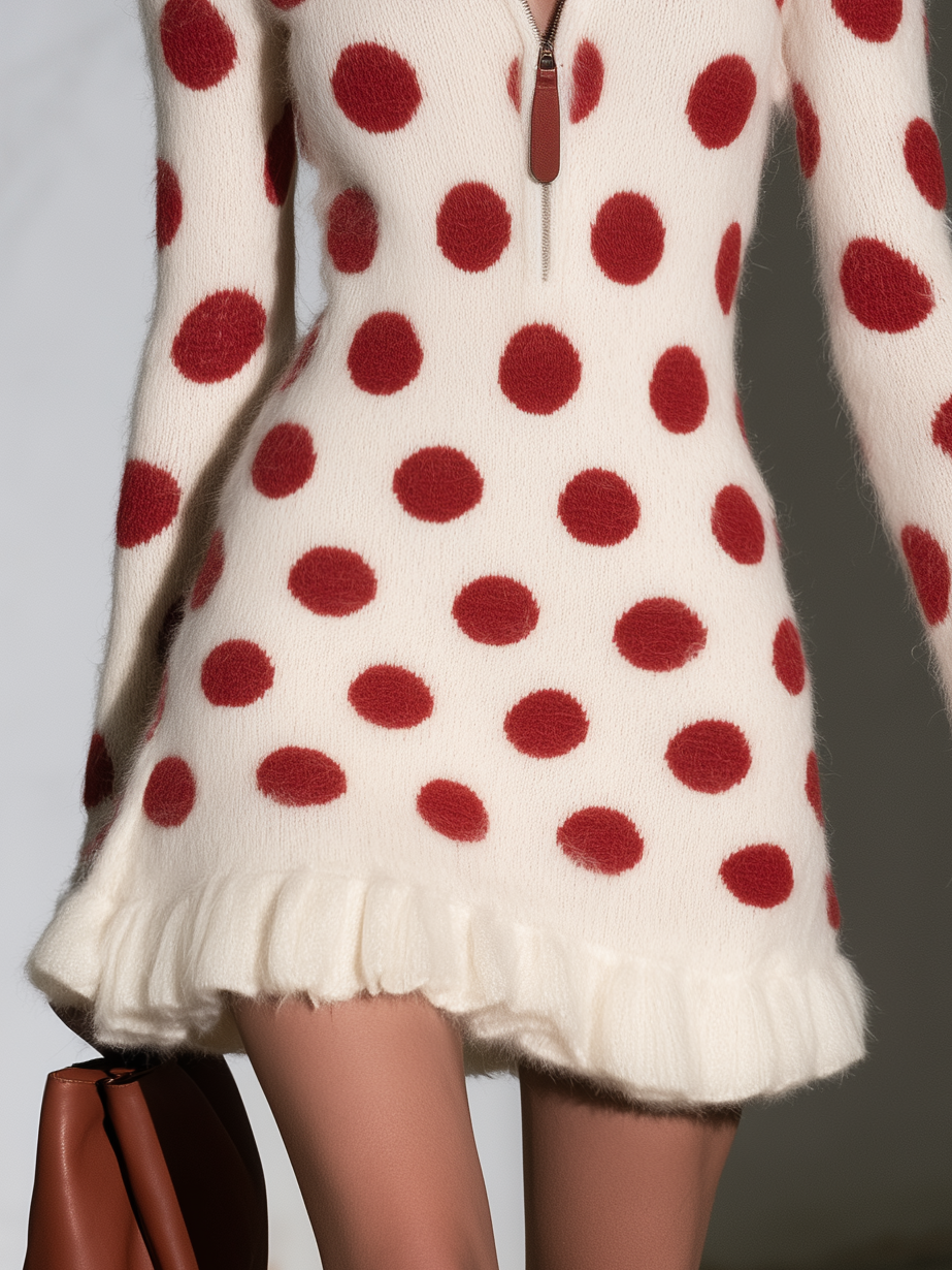 Retro Cream Mohair Polka Dot Ruffle Hem Knit Mini Dress  - By Qivii