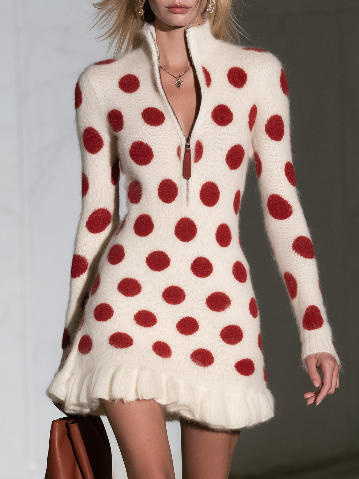 Retro Cream Mohair Polka Dot Ruffle Hem Knit Mini Dress  - By Qivii