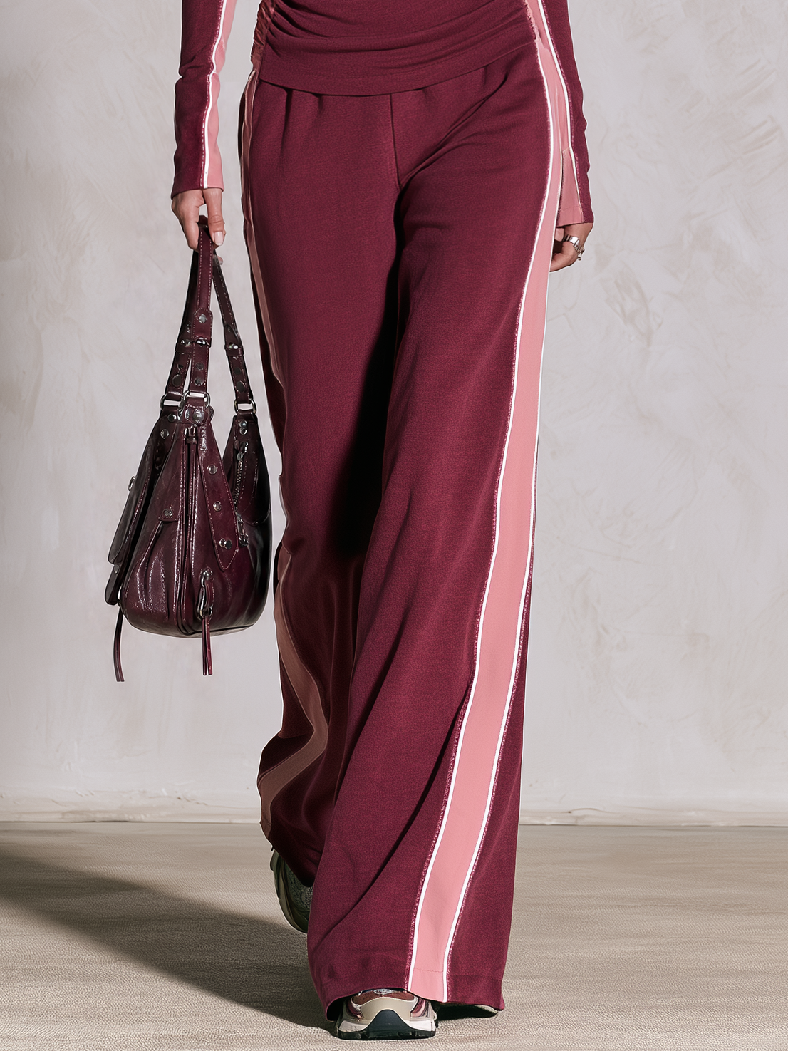 Retro burgundy pink color-block sweatshirt and wide-leg pants track set for women by Oyrosy Clothing, stylish and comfortable.