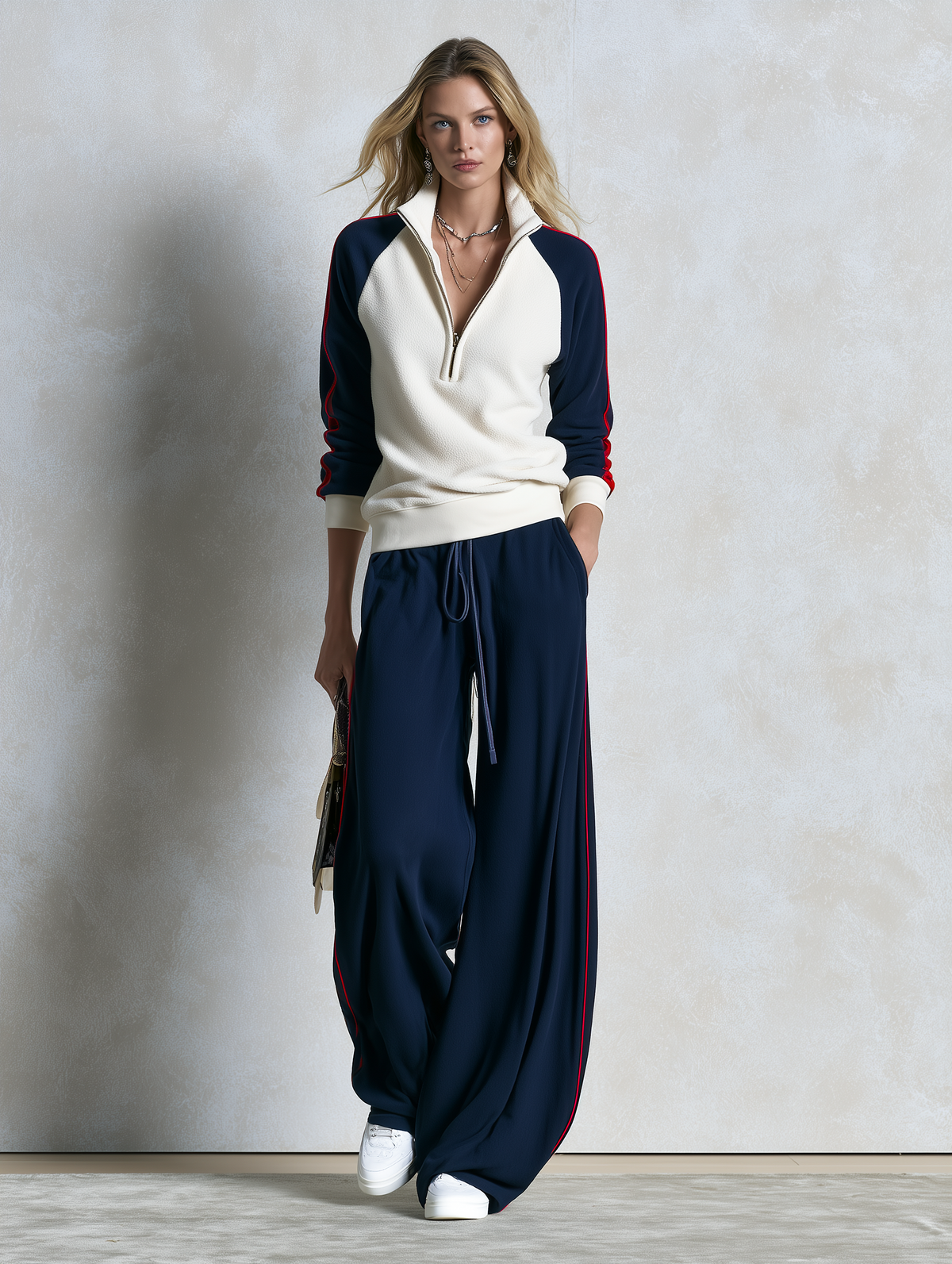 Retro Color-Block Fleece Zip-Up Sweatshirt And Jogger Set For Women  - By Qivii