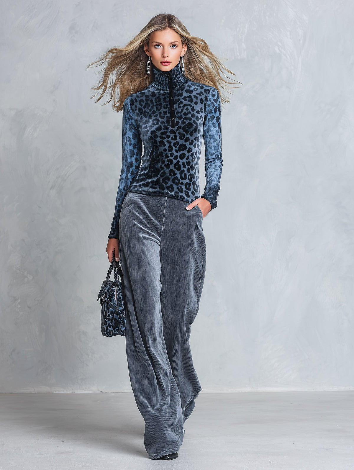 Stylish Retro Blue-Grey Leopard-Print High-Neck Top And Wide-Leg Pants Velvet Set  - By Qivii
