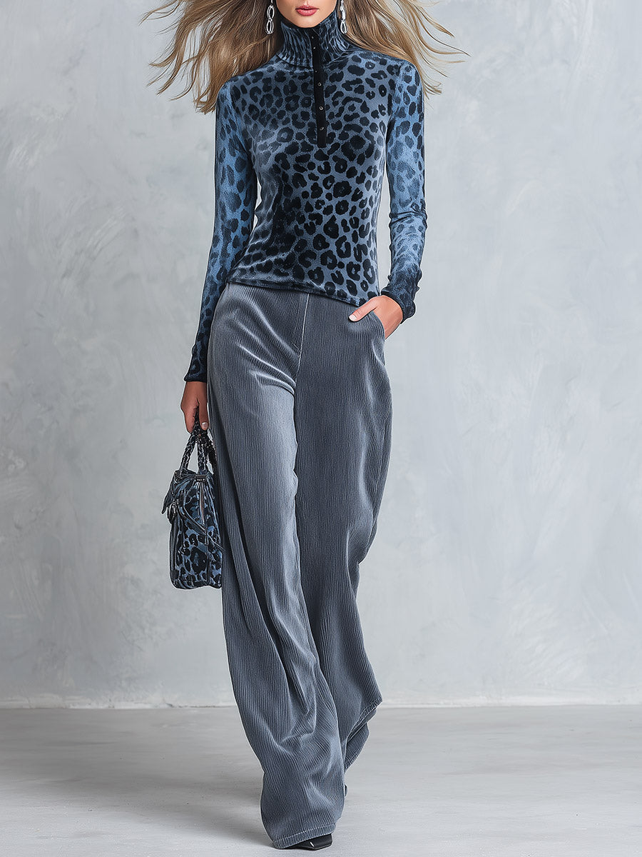 Stylish Retro Blue-Grey Leopard-Print High-Neck Top And Wide-Leg Pants Velvet Set  - By Qivii